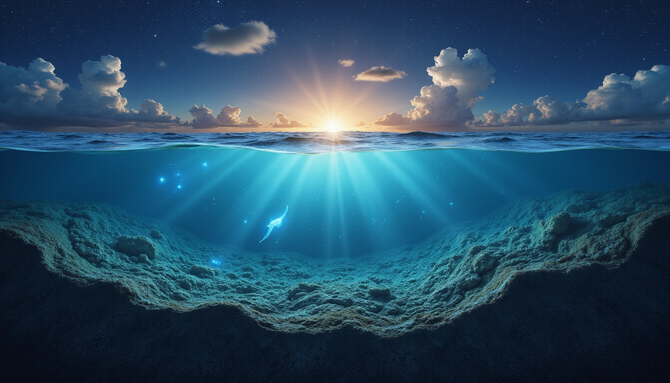 Atmosphere-ocean cross-section revealing tides shaping climate, storm patterns, bioluminescent plankton