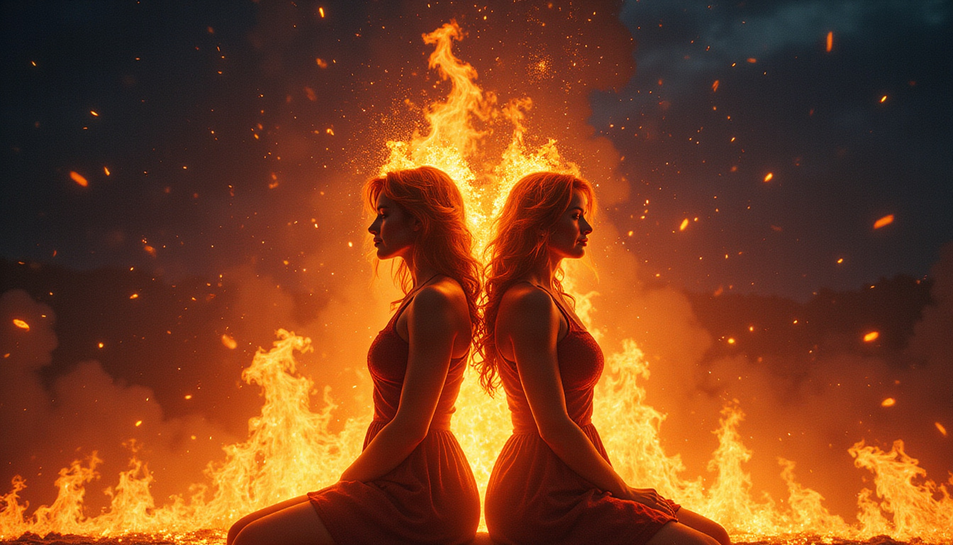 Clashing fire silhouettes back-to-back, embers scattering like stars, Aries Leo Sagittarius sigils glowing