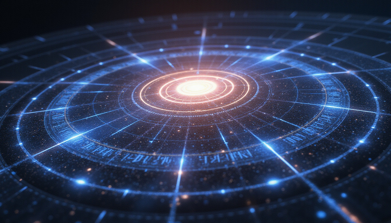Mystical planetary chart overlaid with binary code, glowing nexus, scientist decoding celestial timing