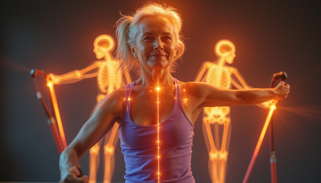  Close-up elderly woman practicing balance with resistance band, translucent glowing bones overlay, warm tones