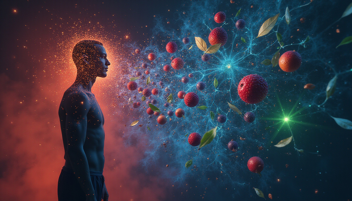  Surreal human silhouette fueled by swirling polyphenol molecules, fruits, leaves, neon health glow
