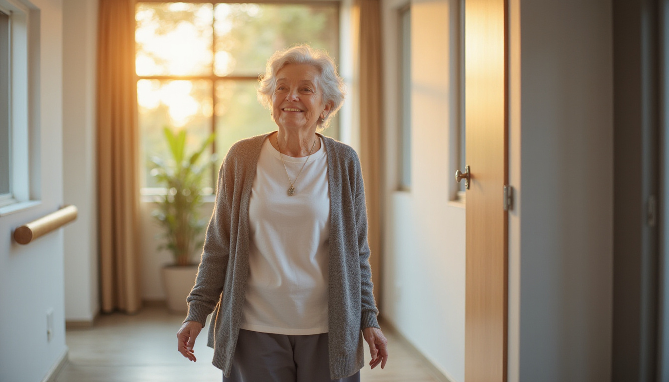  Elderly woman smiling walking freely after therapy, warm clinic light, mobility improvement visualized