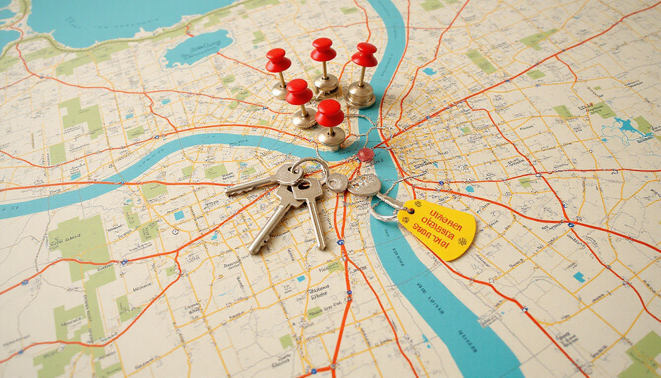 Cairo neighborhood map collage with pins on Maadi, Heliopolis, Garden City, price tags, keys