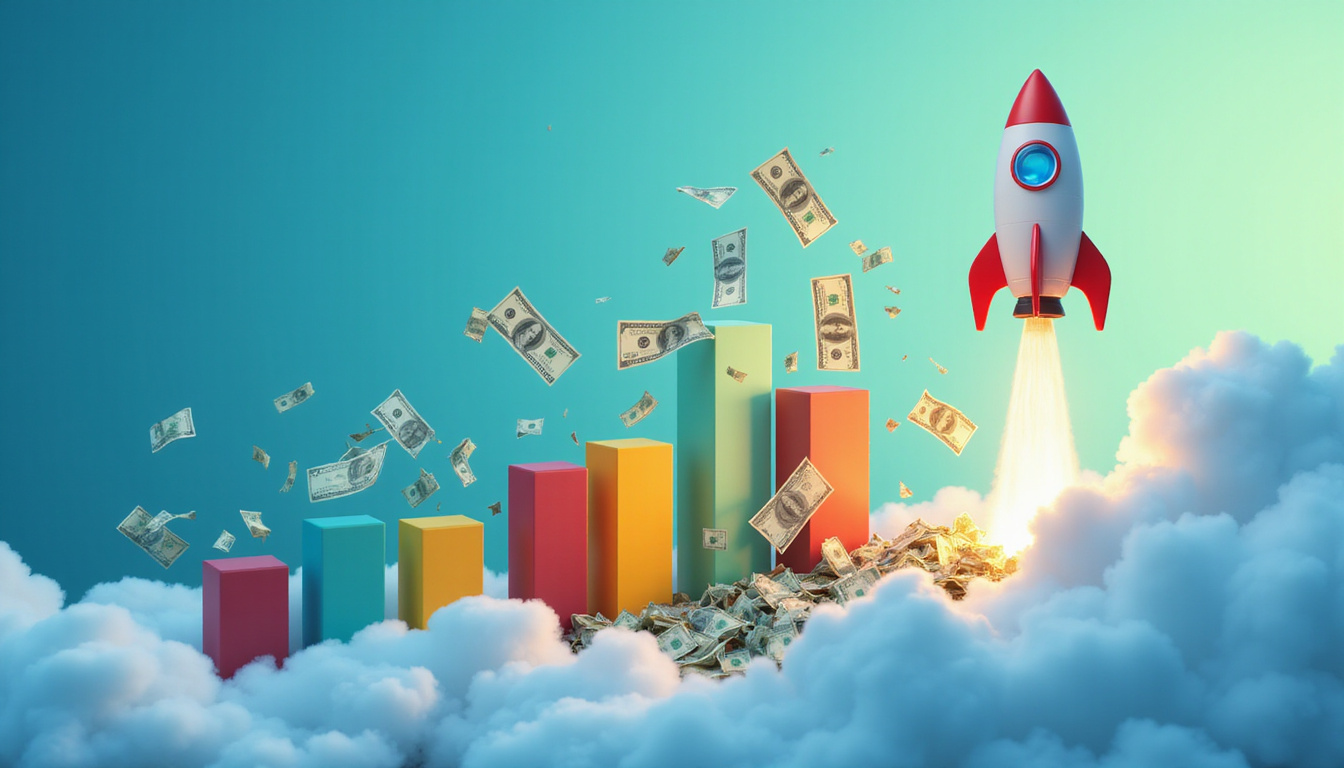 Futuristic infographic: bar charts exploding upward, dollar bills shredded, rocket taking off, blue-green gradient
