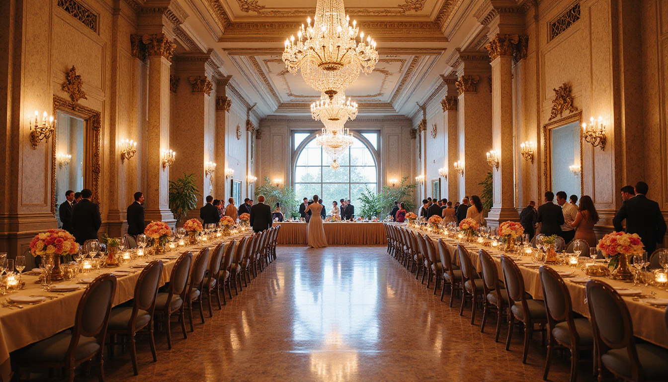 Lavish historic ballroom with crystal chandeliers, marble floors, floral installations, guests in couture