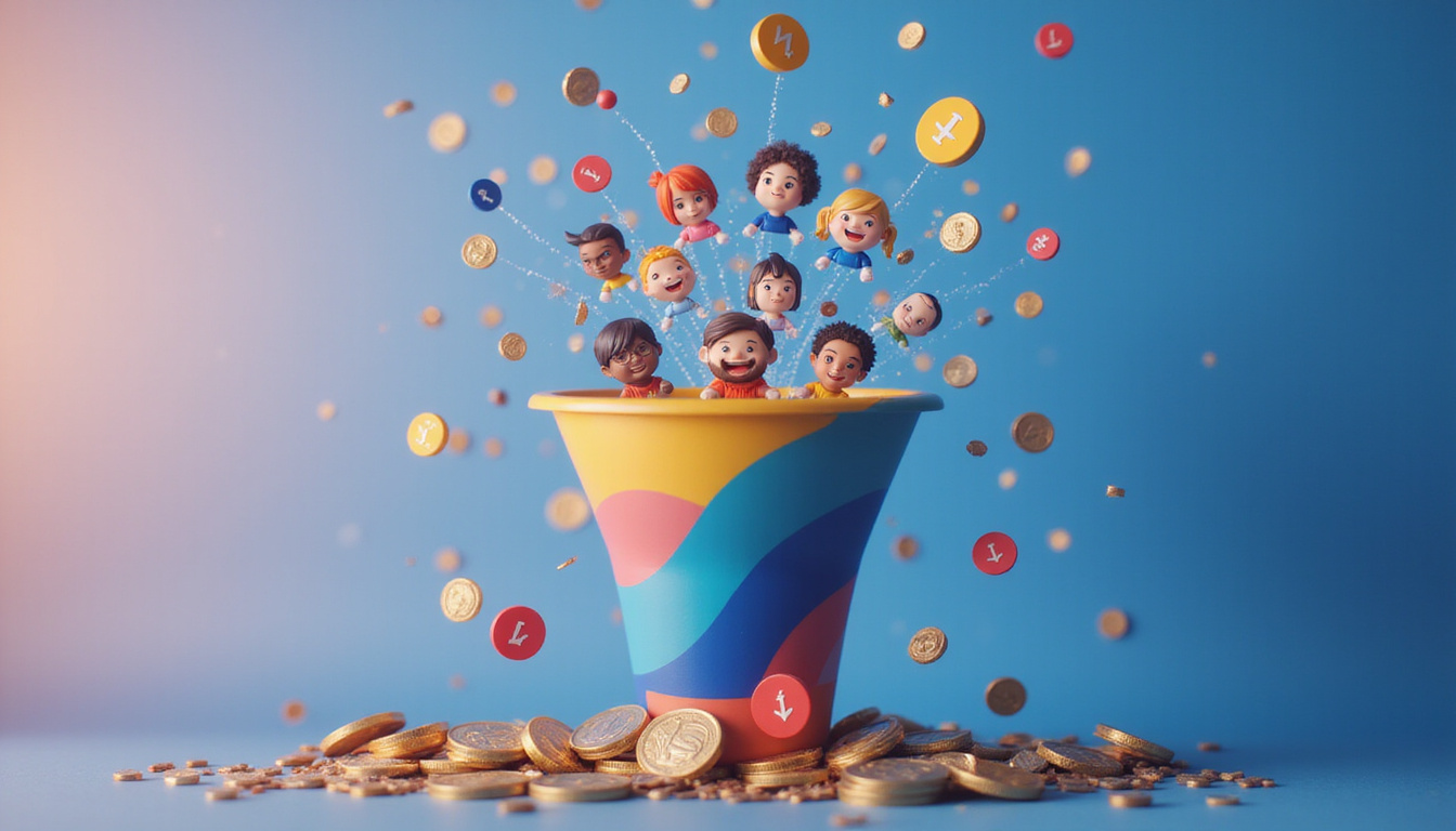  Magnetic sales funnel attracting diverse customers as coins and conversion icons radiate