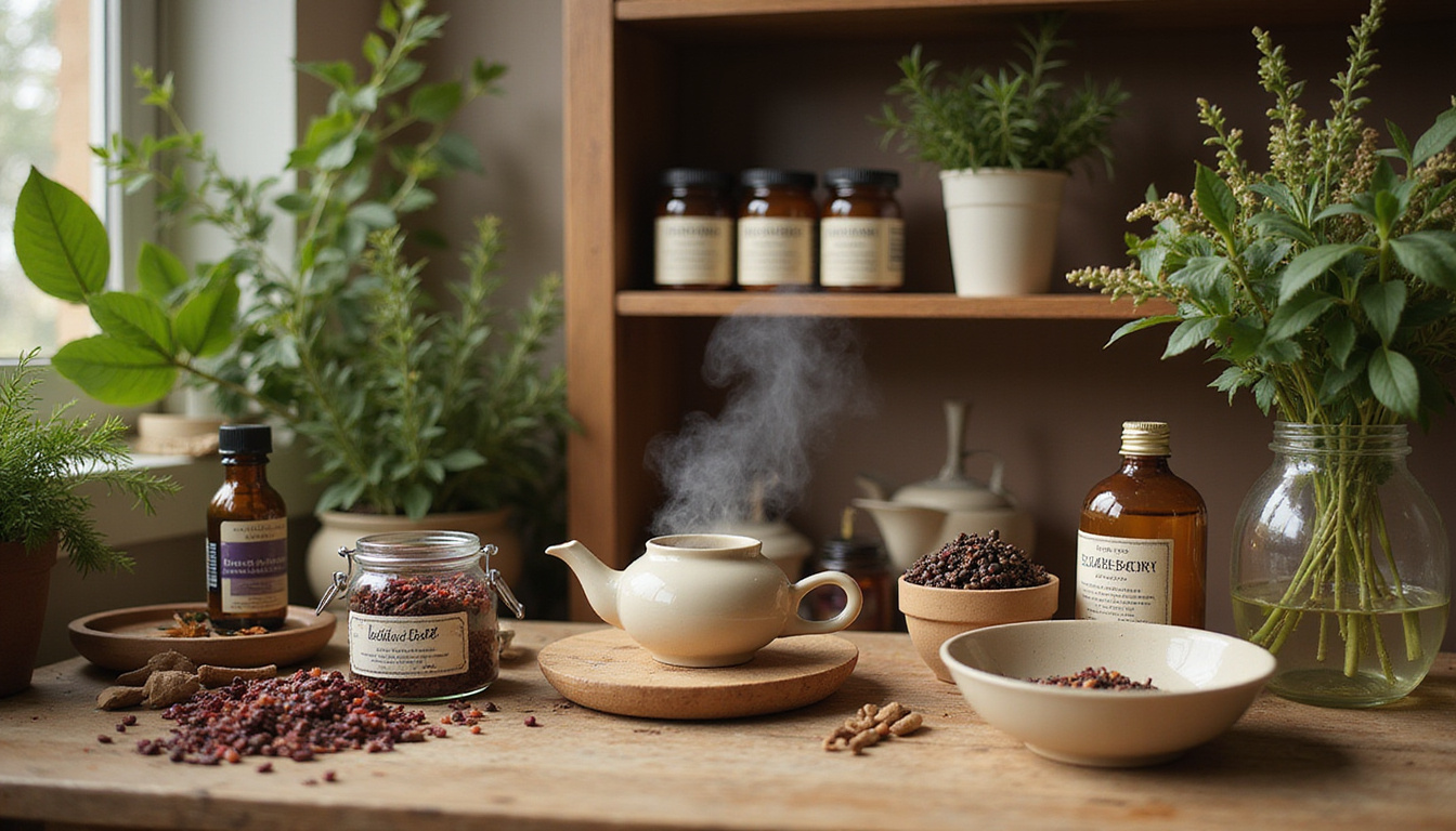  Herbal apothecary shelf with labeled elderberry remedies, tea steaming, soft morning sunlight