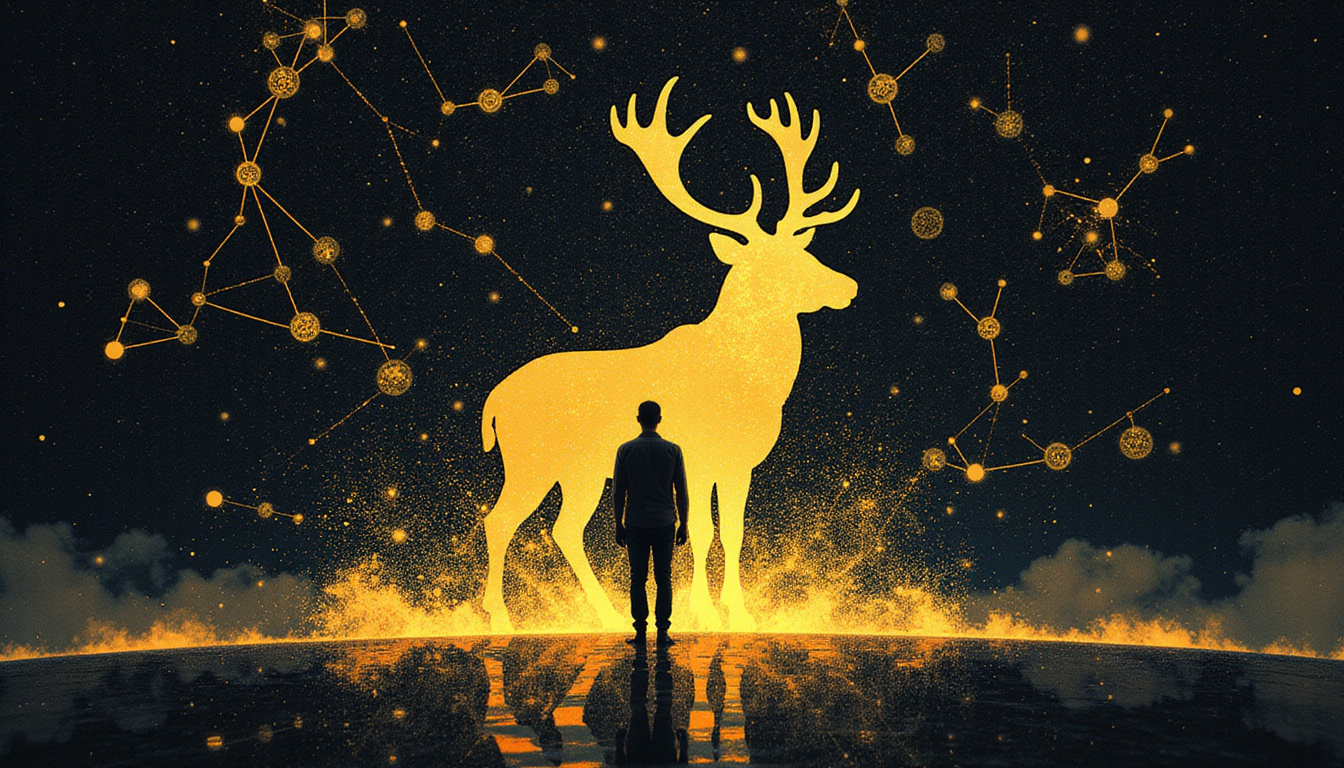  Golden stag silhouette merging with human shadow, constellations and runes, names swirling like silver smoke
