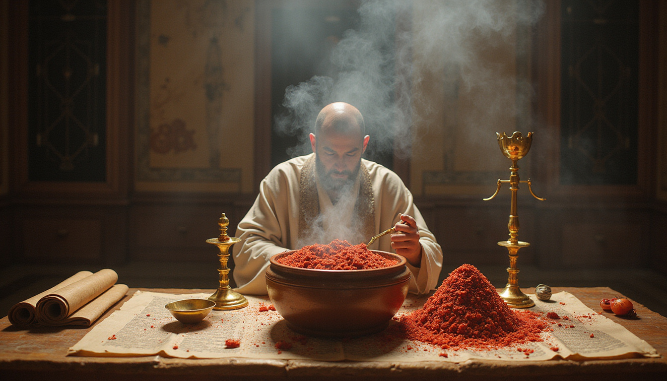 Priest performing embalming ritual, incense smoke, golden tools, papyrus scrolls, bloodless solemnity