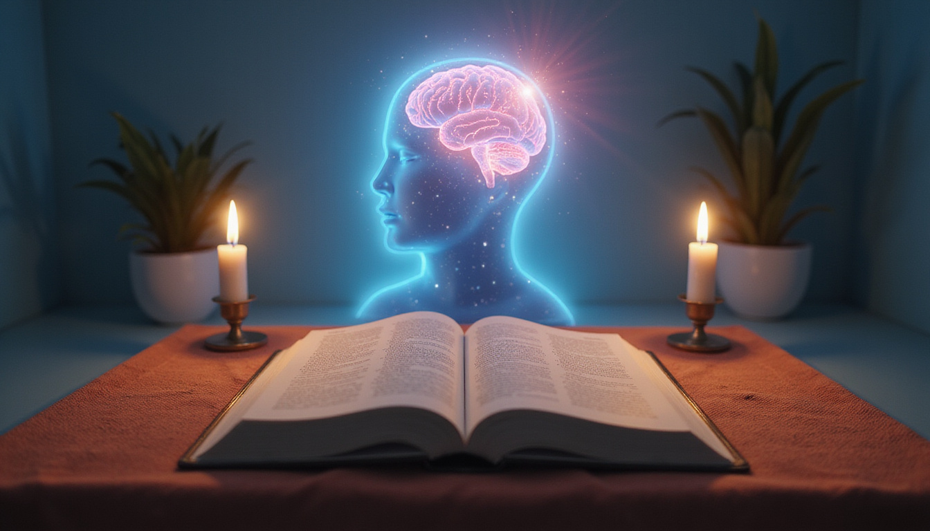  Minimal altar, open book, soft light, person chanting daily mantras, brain glowing with rewired circuits
