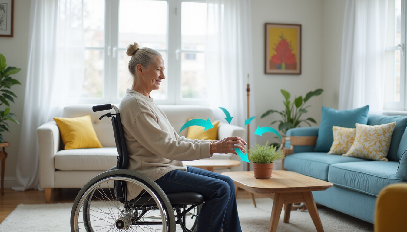  Elderly woman seated twist mobility hack, calm living room, annotated arrows showing safe motion