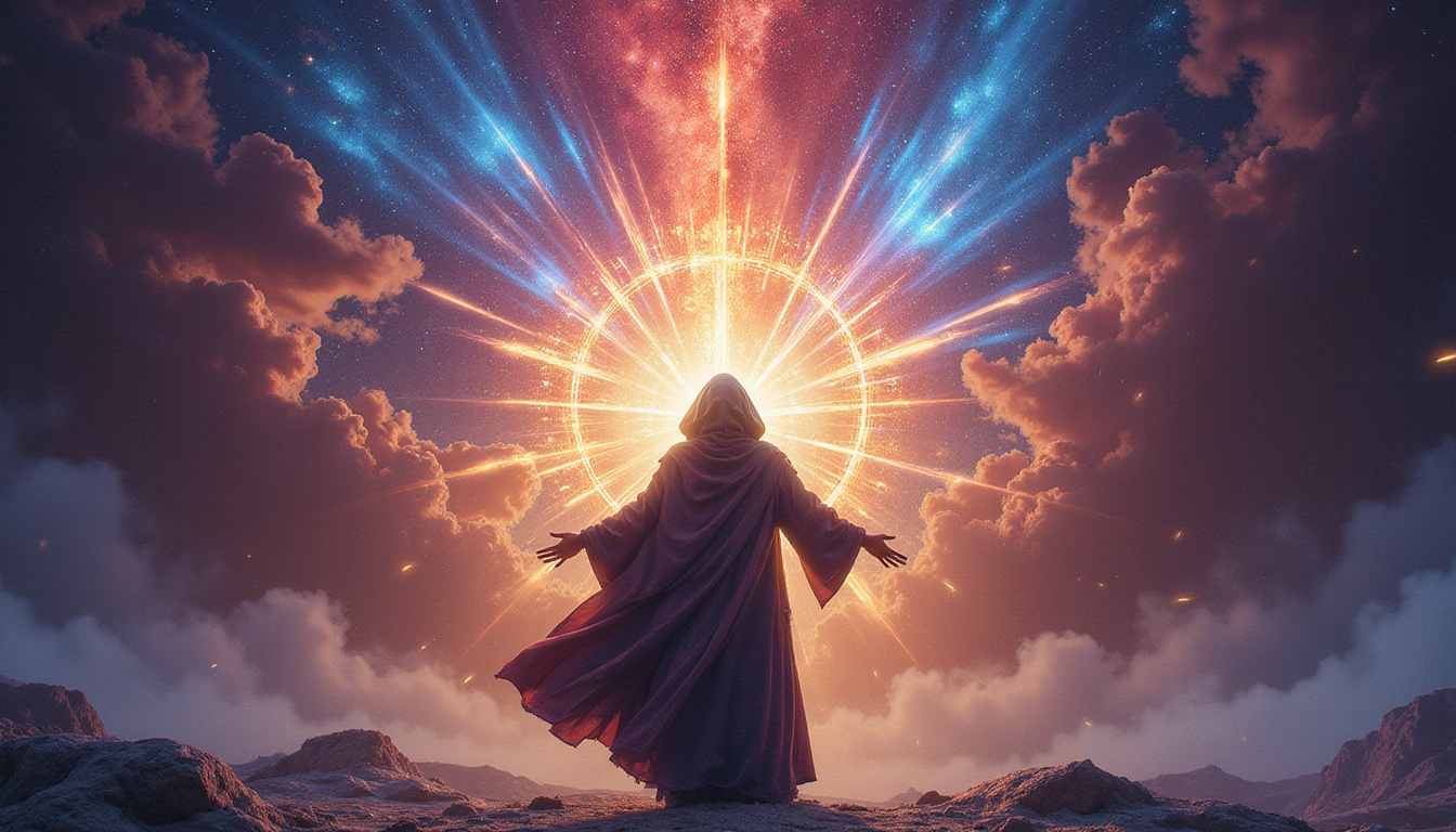 Sorcerer harnessing radiant planetary beams through ancient sigils, survival ritual, auric shield