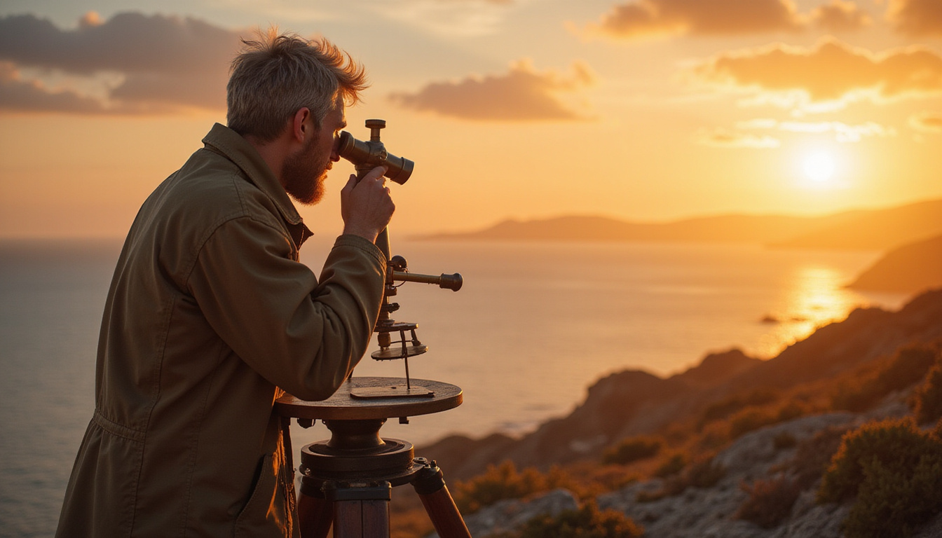  Coastal observer with antique sextant viewing planet