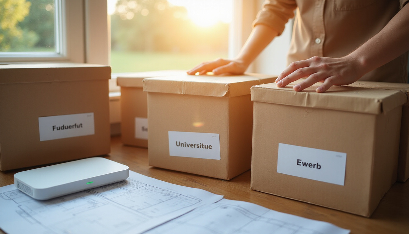 Hands arranging labeled storage boxes beside glowing smart-home hub, blueprint overlays and morning sun through window