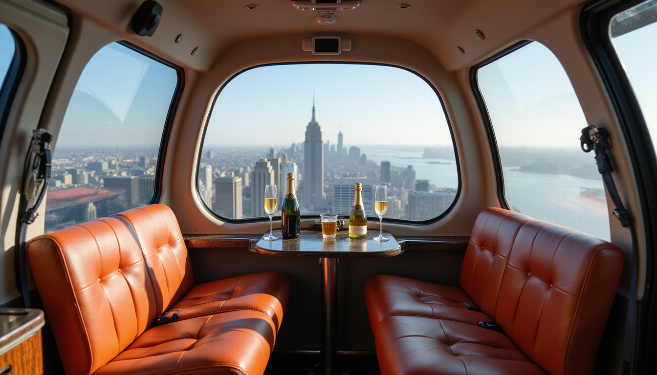 Sleek VIP helicopter interior, leather seats, champagne, city skyline visible through panoramic windows, high-detail
