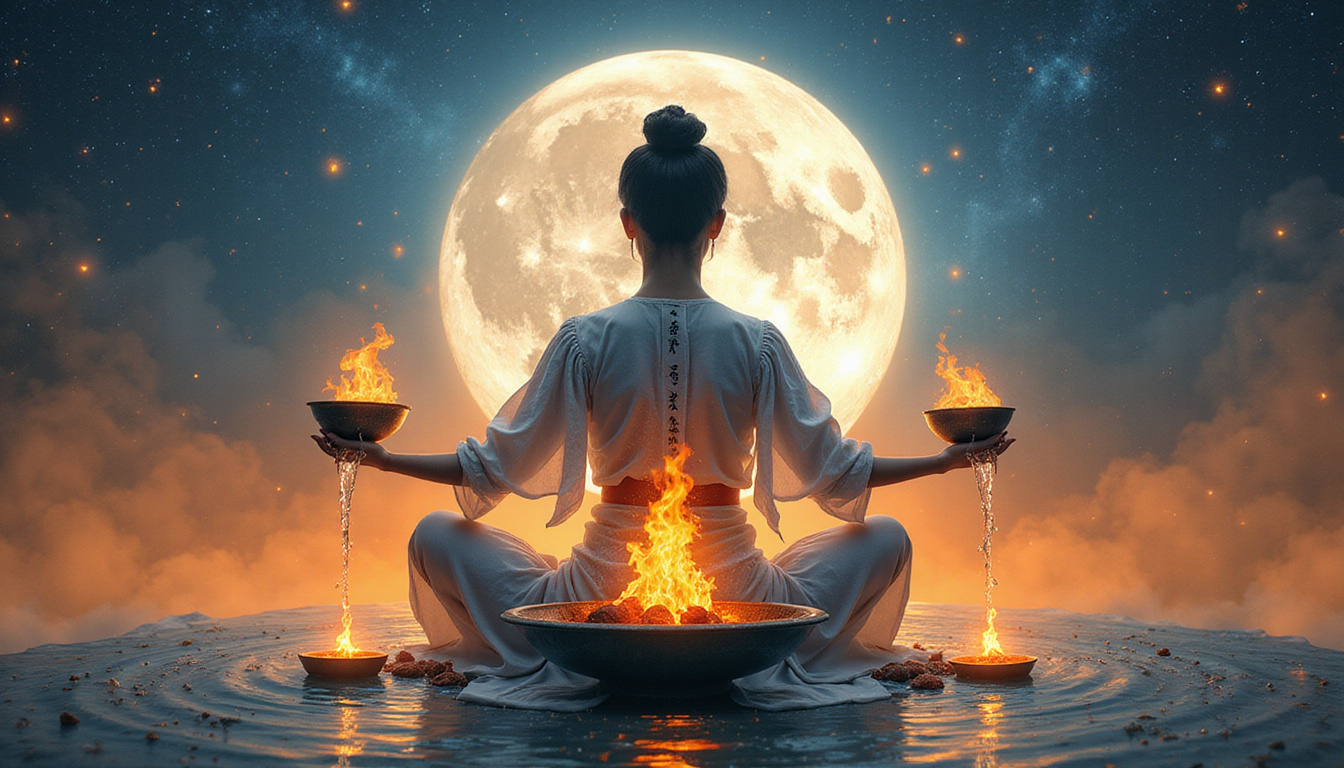 Meditating woman balancing water and fire bowls, flowing calligraphy scrolls, soft moonlight
