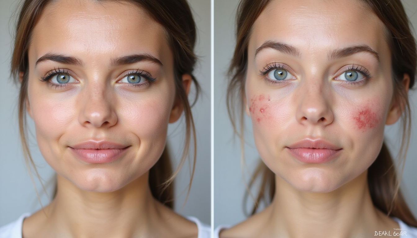  Split-screen before-and-after face, subtle volume improvement, small bruising, clear labeled expectations
