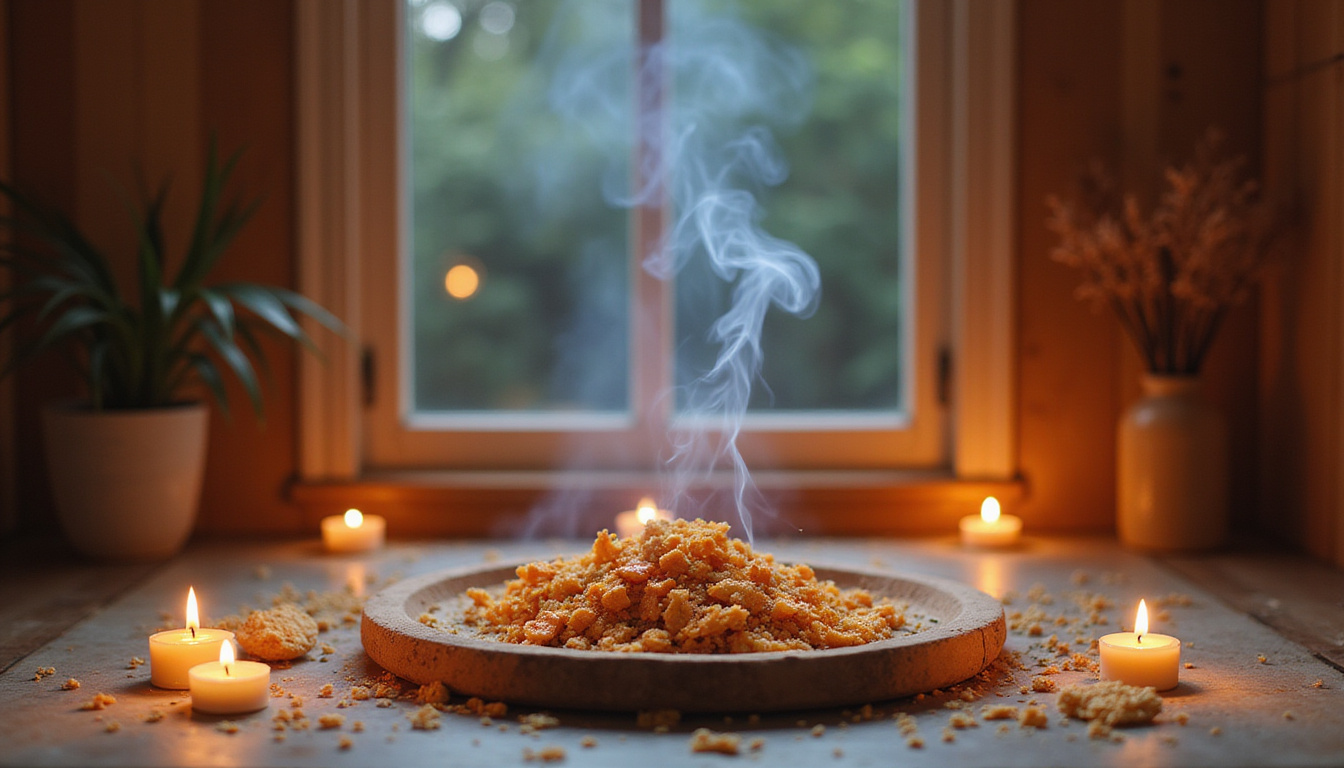Serene meditation room with burning frankincense resin, drifting smoke, warm candlelight, calming hues