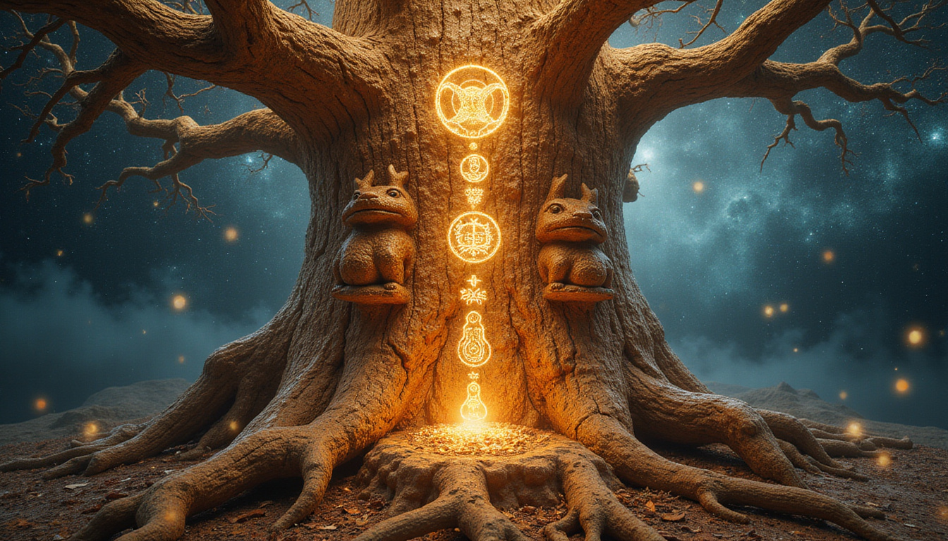  Ancient oak carved with animal totems, golden light, floating glyphs, mystical cosmic background