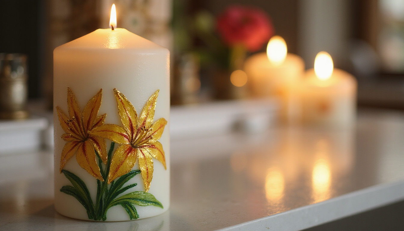 Artist decorating large white Paschal candle with painted lilies, gold leaf, candlelight reflections
