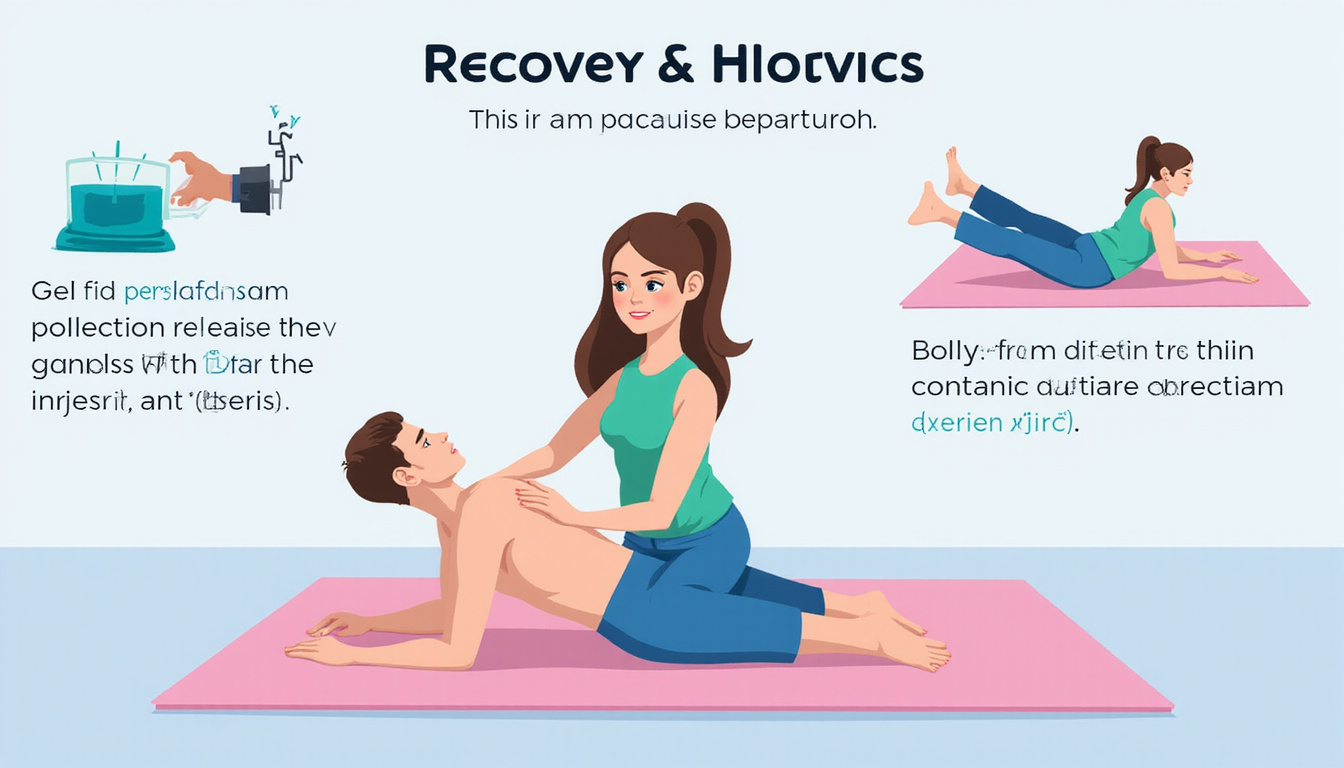 Patient doing gentle piriformis stretches and ice pack after injection, recovery infographic, calming colors