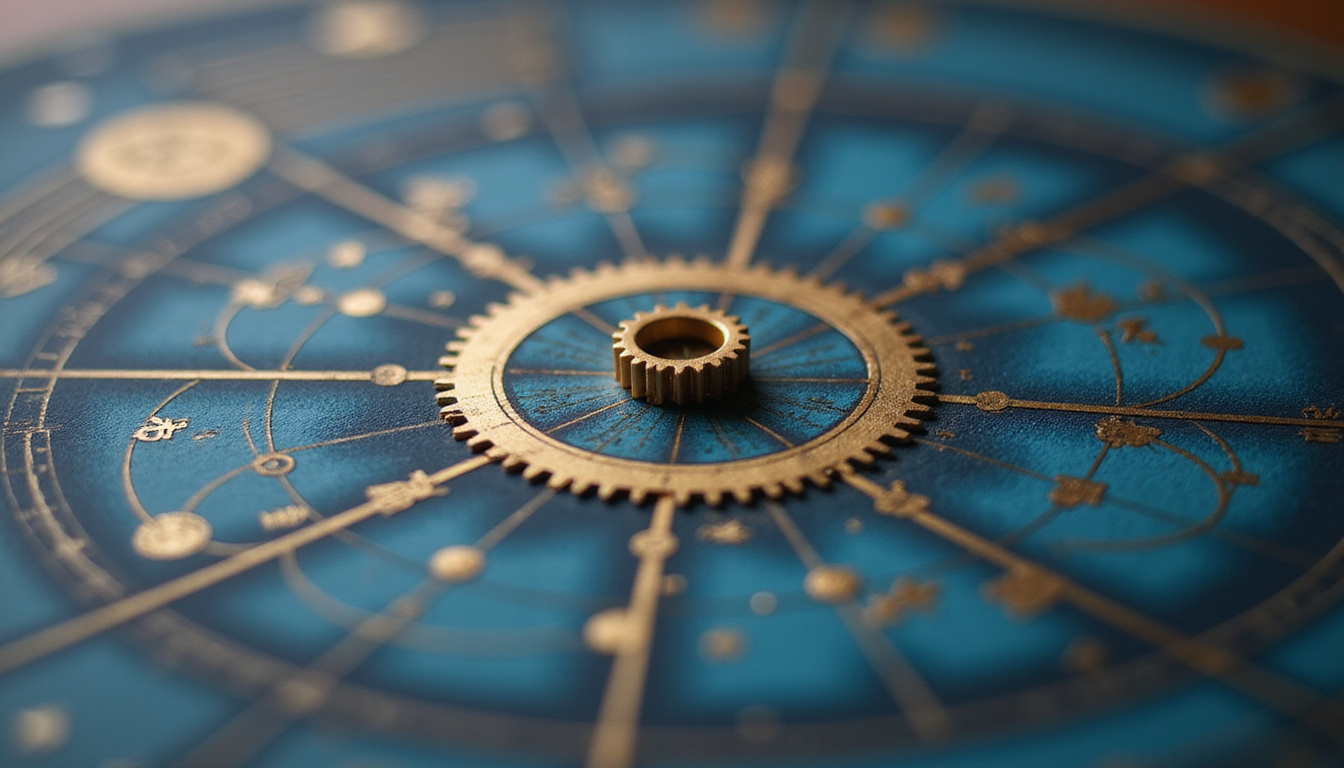Close-up of horoscope chart, tiny gear moving, light bending between tropical and sidereal