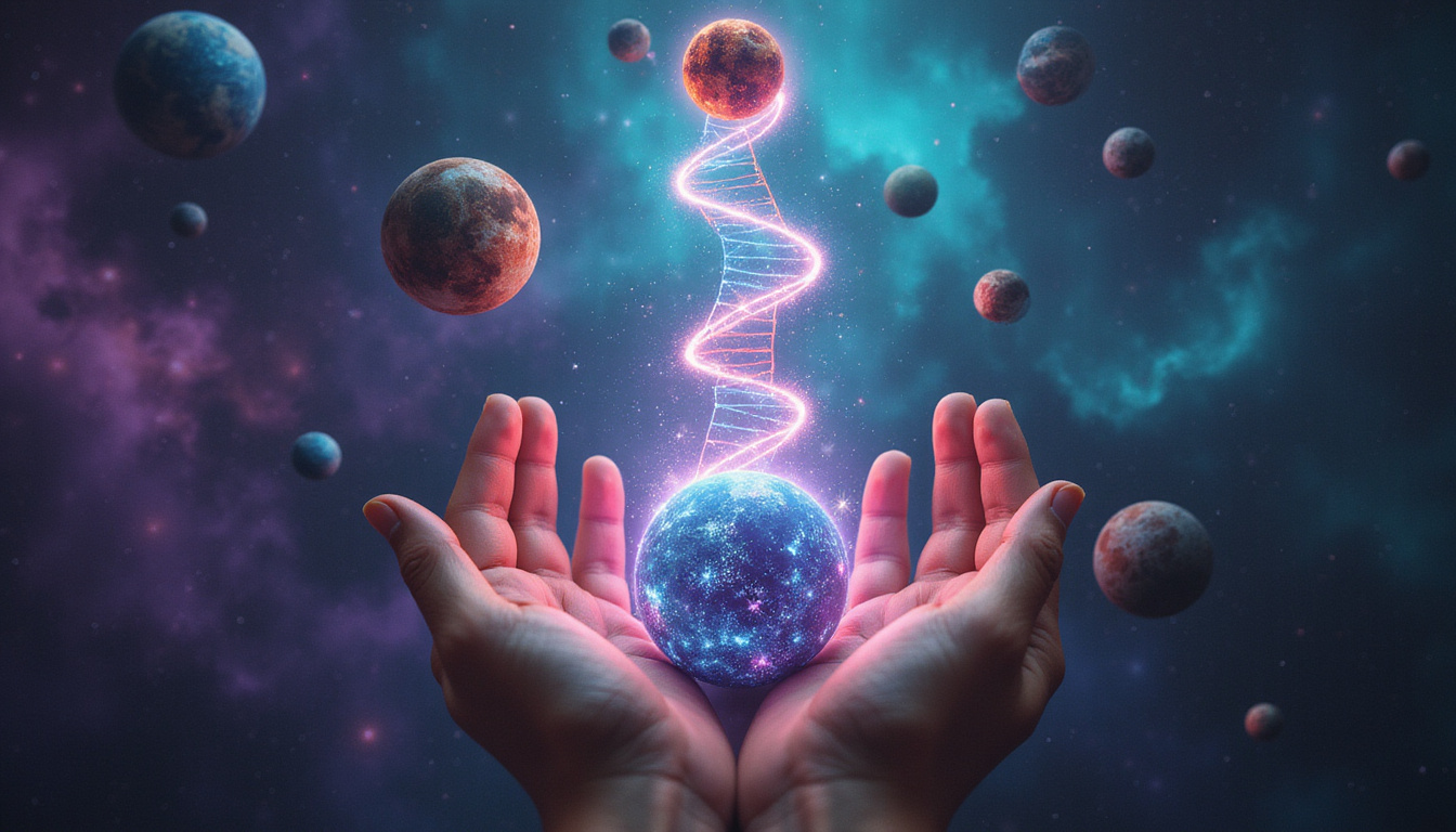 Cosmic hands weaving planets into a glowing DNA helix, aurora emotions shifting across face