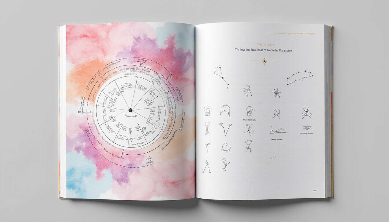 Open guidebook with illustrated mutual reception diagram, constellations, romance symbols, watercolor texture
