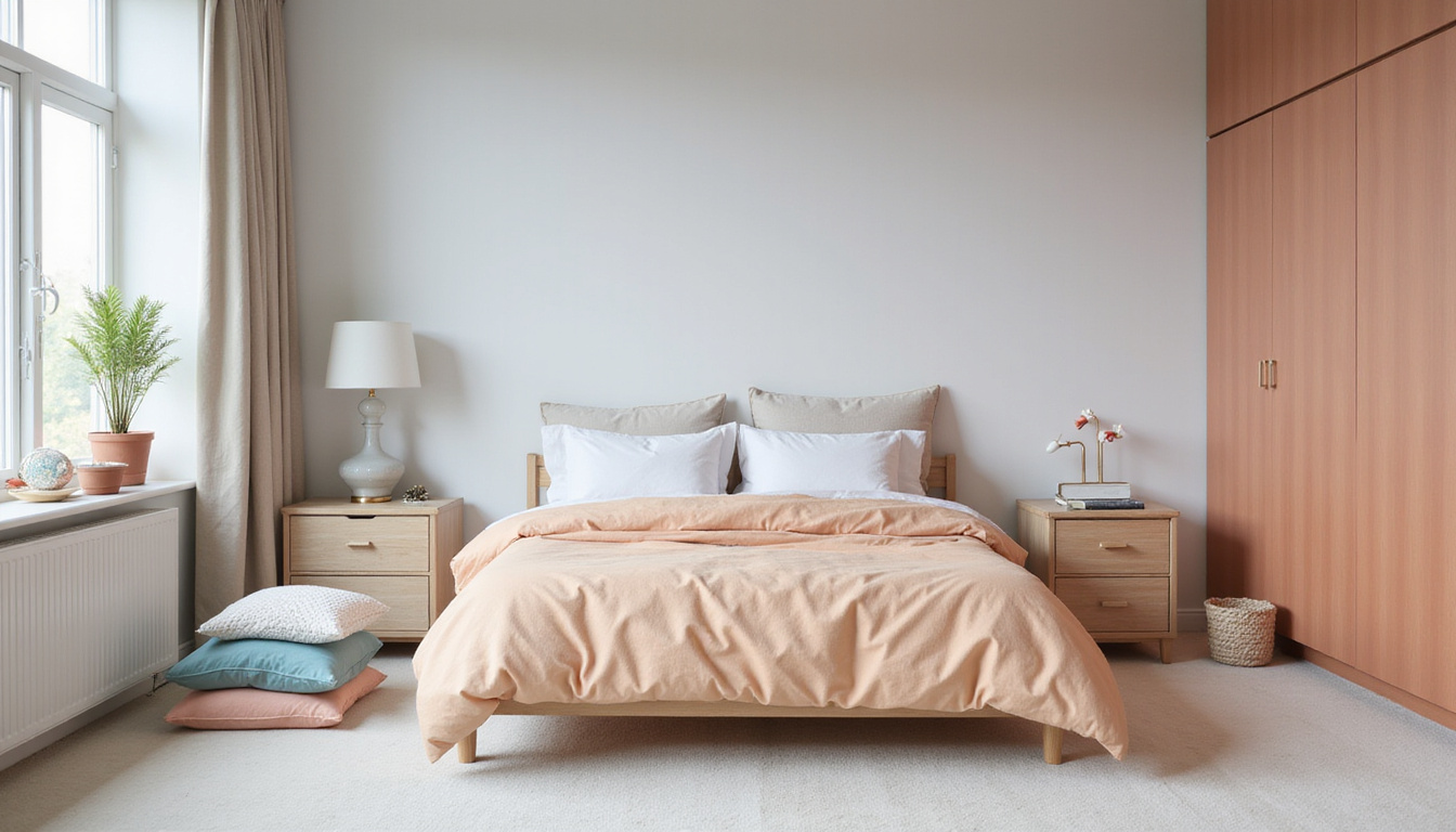 Minimalist bedroom with soft pastels, neatly folded clothes, introspective mood, evolving identity