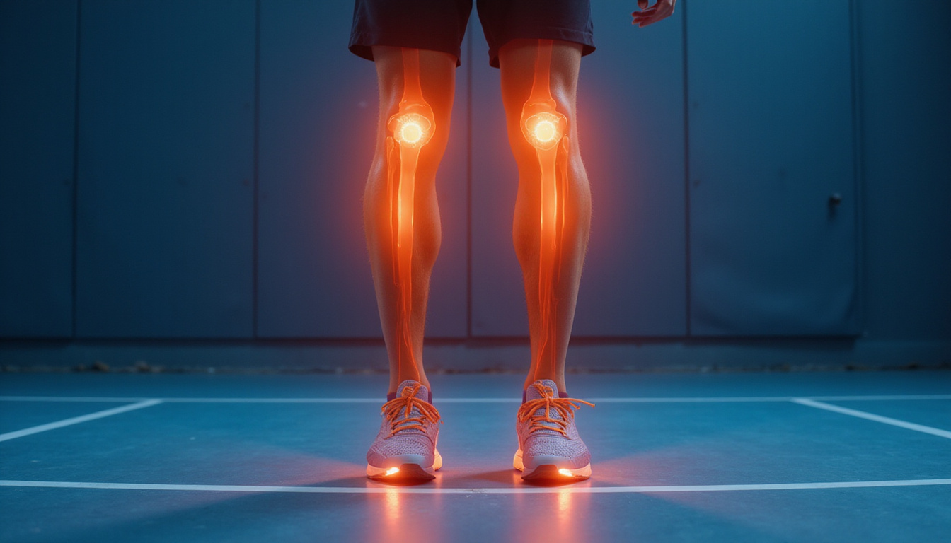  Close up of glowing knee and shoulder joints overlay, coach guiding mobility drills on court