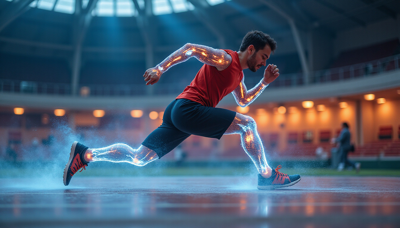  Athlete sprinting effortlessly, joints highlighted with translucent collagen mesh, recovery energy burst