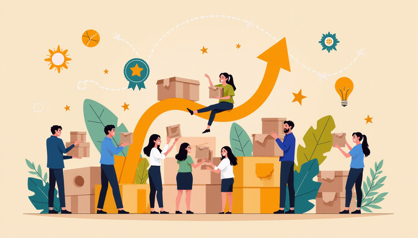 Diverse happy subscribers receiving monthly boxes, loyalty badges, retention funnel, golden upward arrow