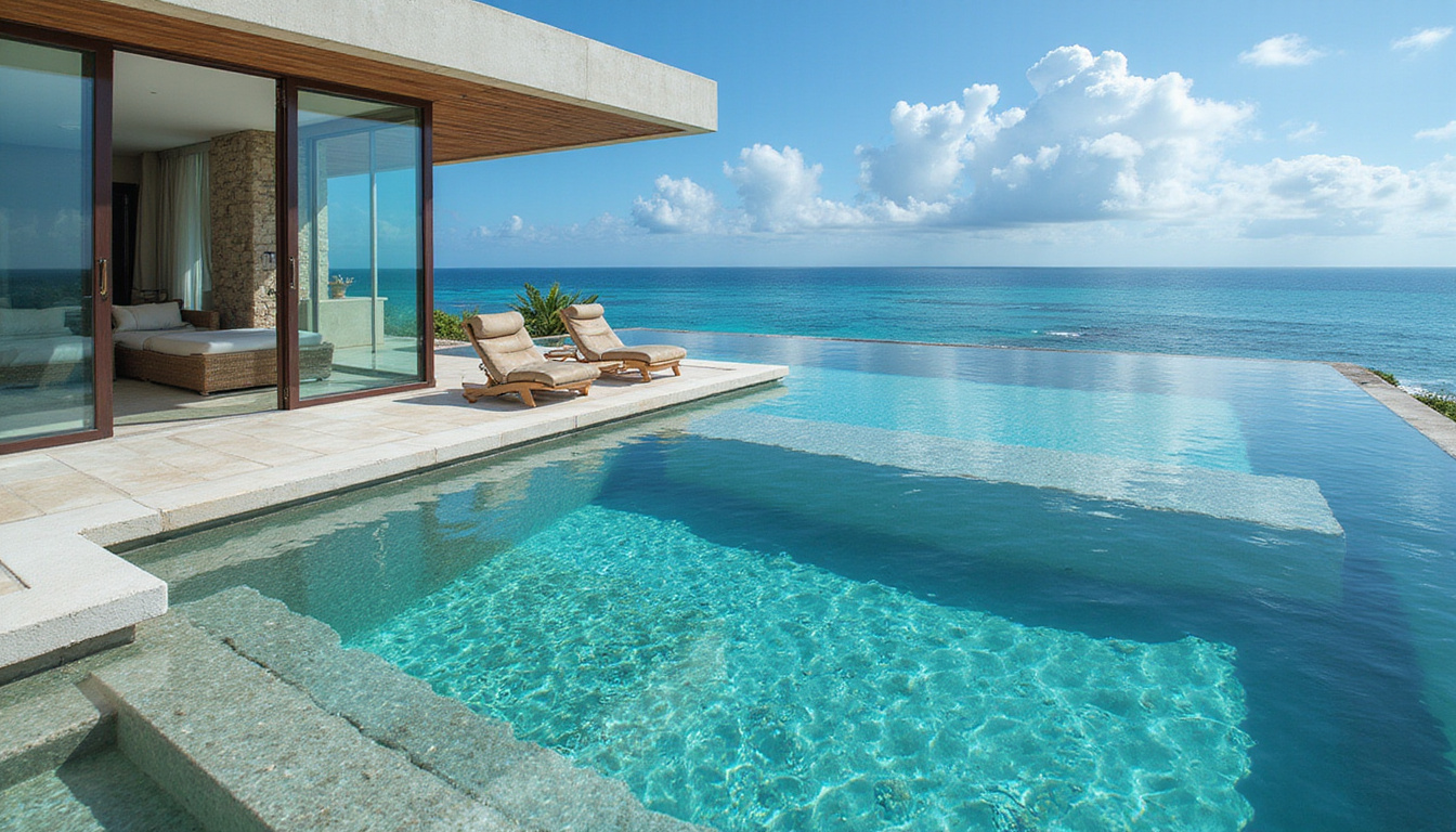 Luxury beachfront villa, glass walls, coral reef visible beneath turquoise water, Egyptian motifs