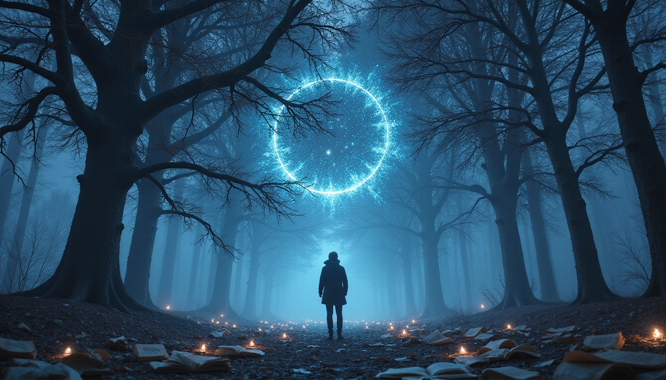  Mystic seeker beneath luminous branches, hidden glyphs and books swirling in twilight