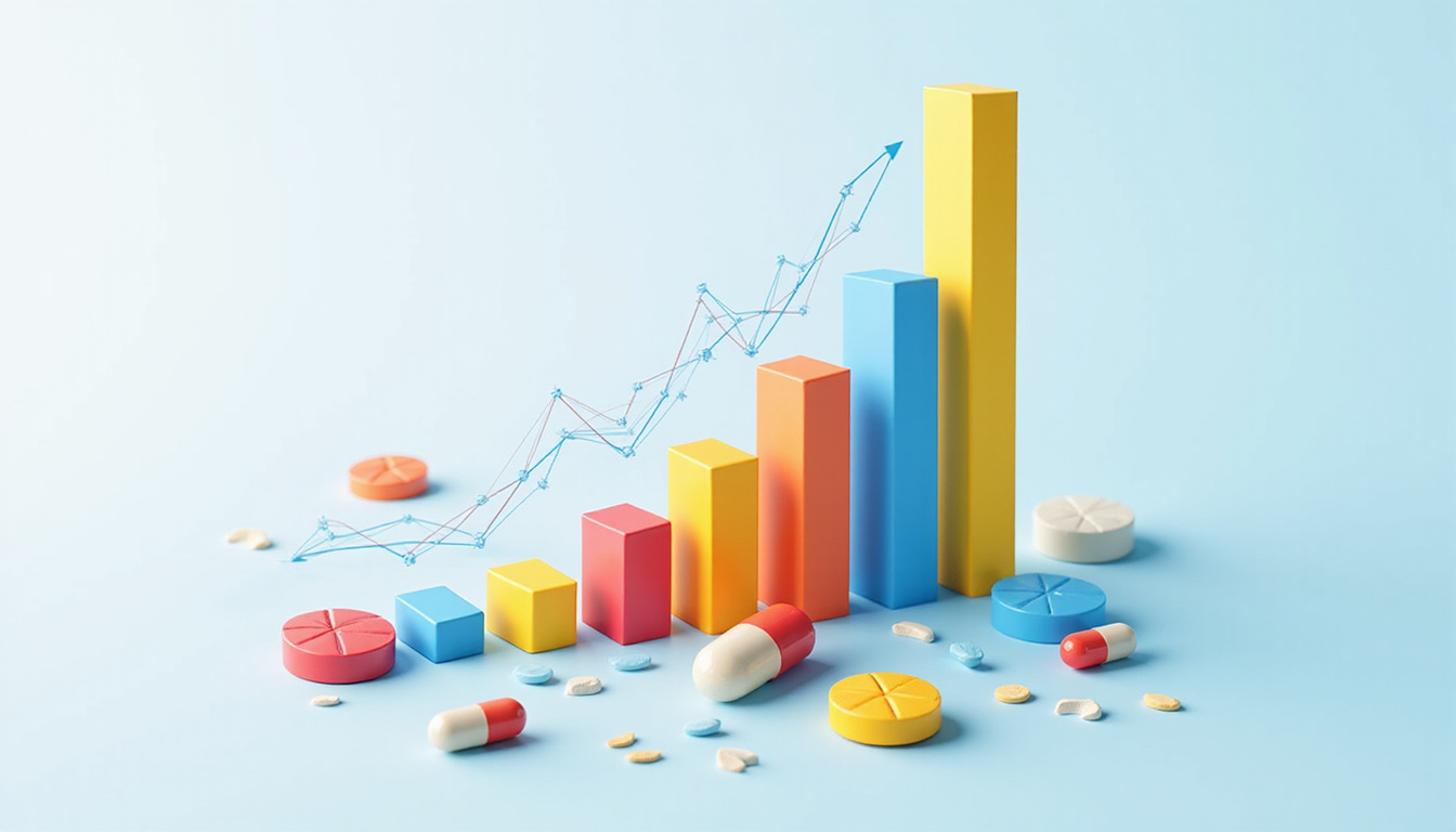  Flat infographic: colorful charts, pills morphing into rising bar graphs, minimal clean vector style