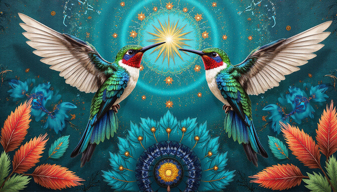  Feathered quetzal and hummingbird mosaic, vibrant turquoise, codex glyphs, smoky ritual atmosphere