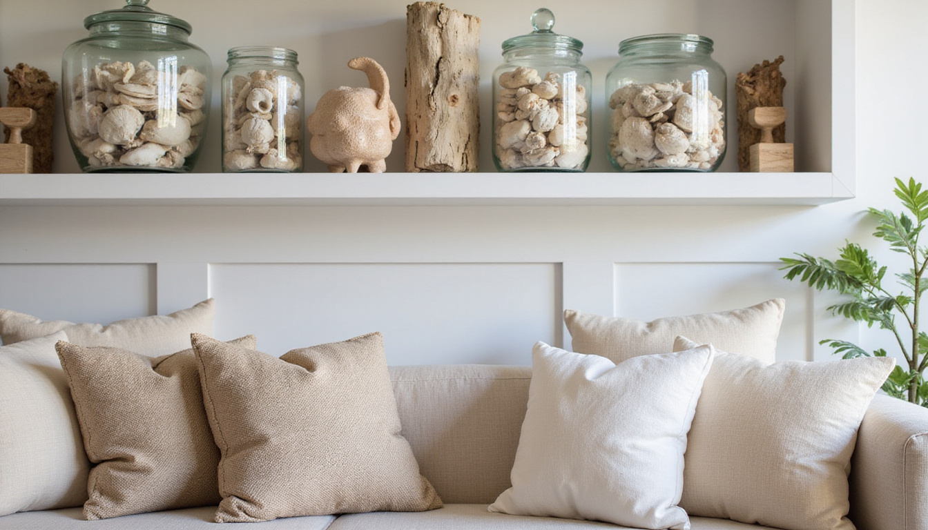  Boho living room vignette, shelved glass jars filled with polished conch shell ornaments and driftwood