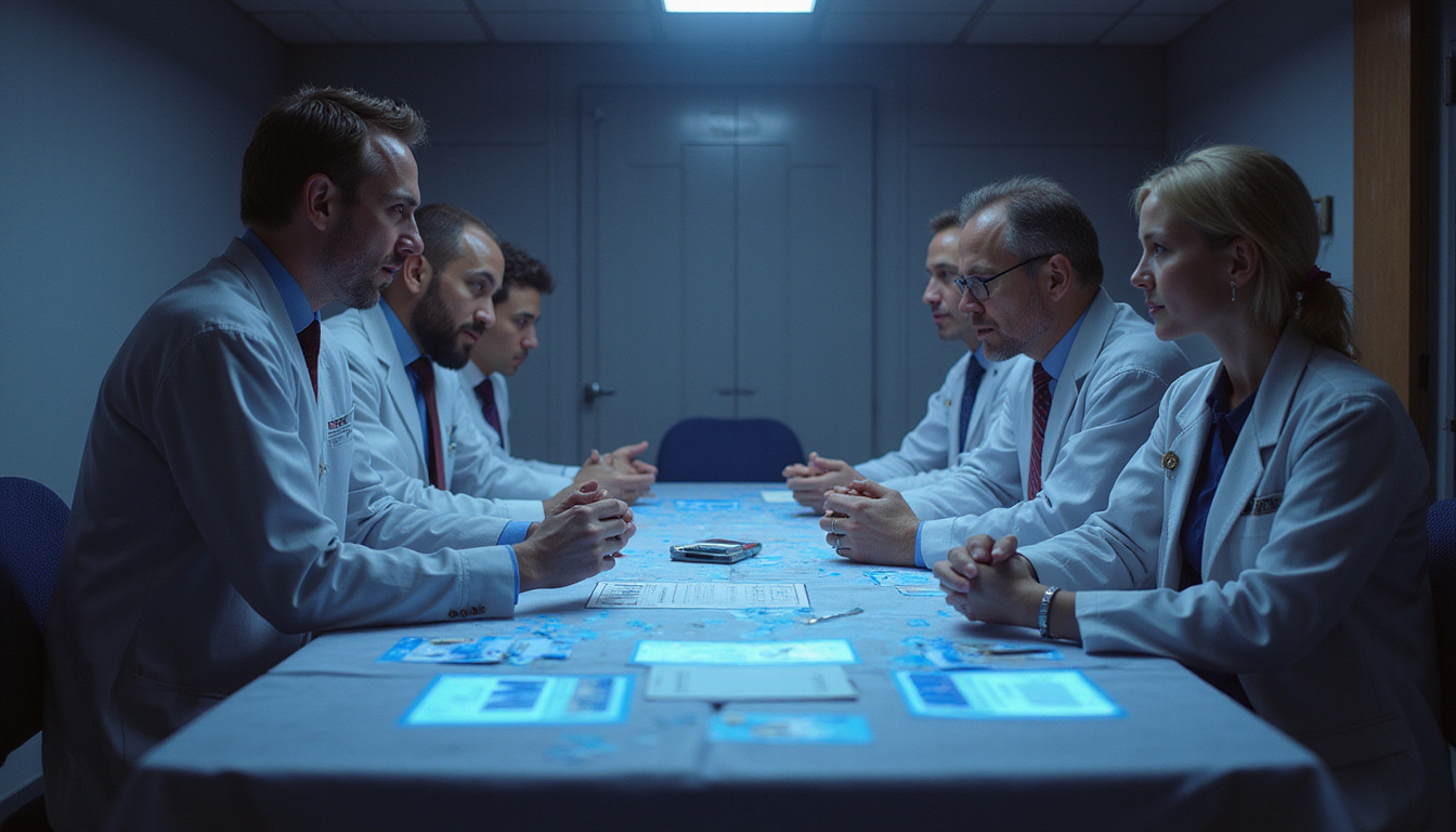  Ethics briefing scene: diverse practitioners around table, glowing safety seals, restrained spectral hands, solemn lighting