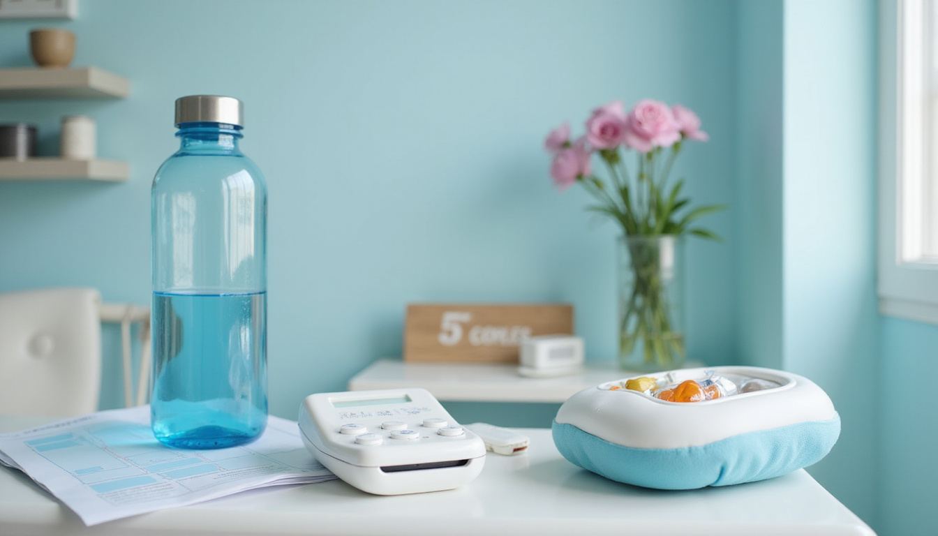 Minimalist bedside essentials: water bottle, medication organizer, pressure-relief cushion, call button, mobility aids, checklist