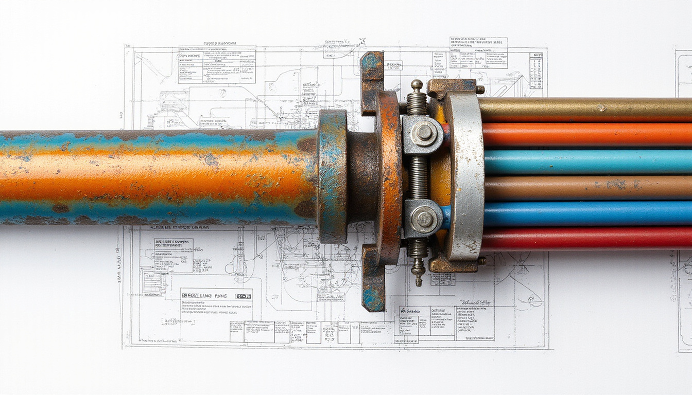 Cross-sectional pipeline with color-coded metals, corrosion warnings, precise calipers, blueprints overlay