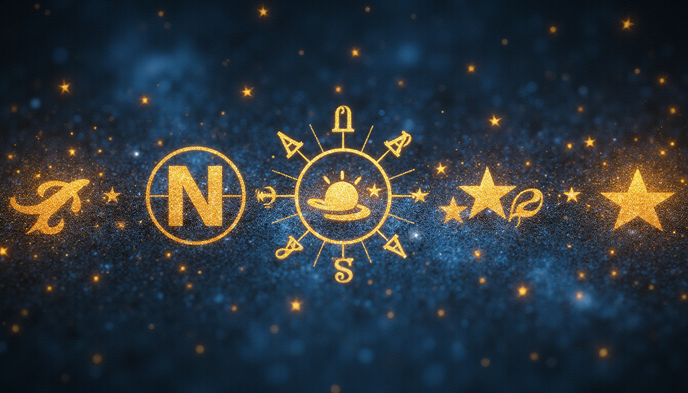 Mystical astrologer tracing golden timeline across stars, symbols for job, romance, treasure