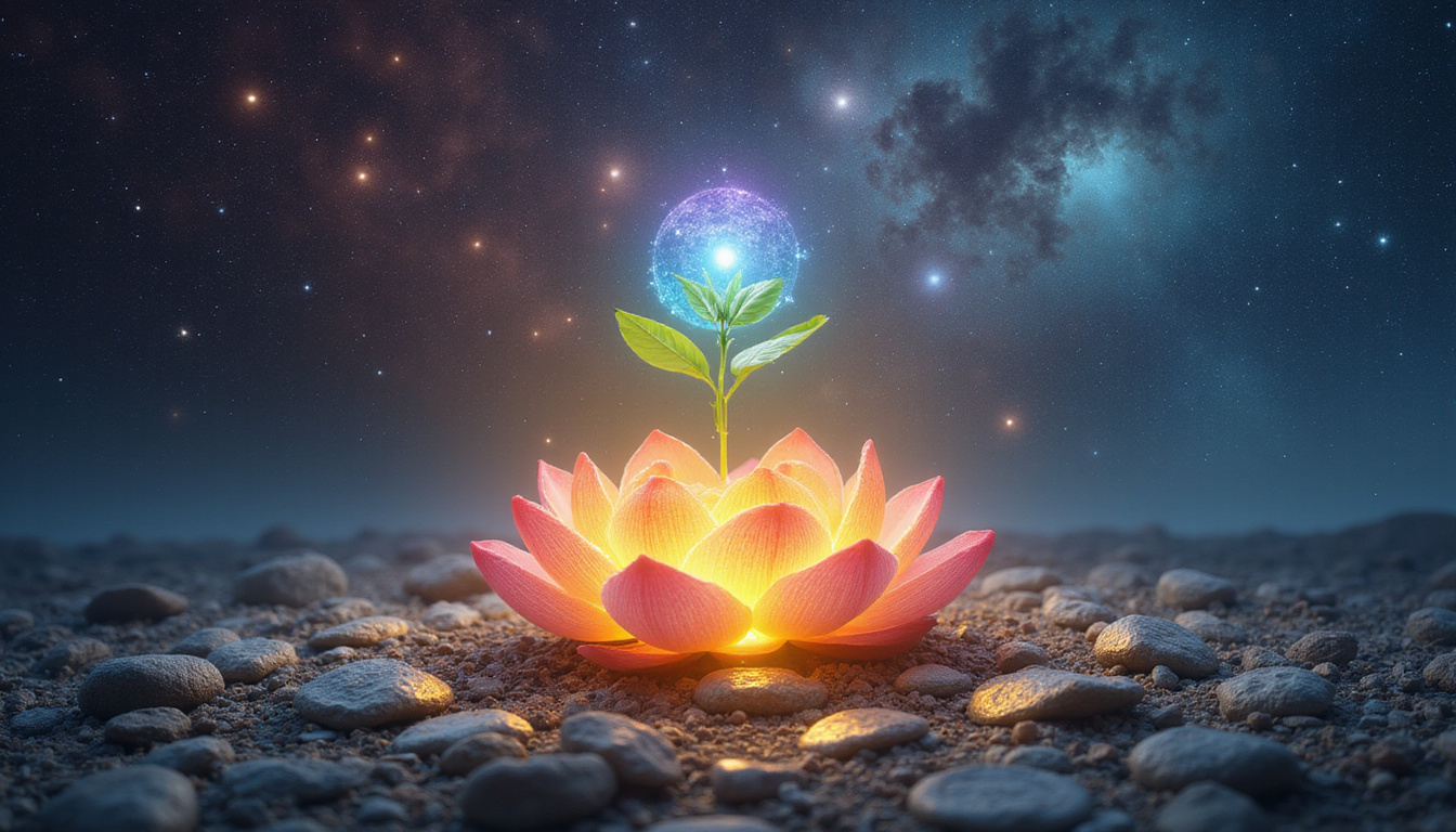 Cosmic key unlocking planetary mandala, sprouting coins, lotus, glowing growth, serene healing aura