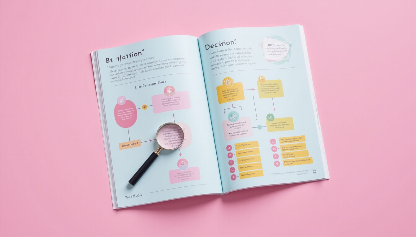 Minimal modern guidebook layout with decision flowchart, magnifying glass, checklist, pastel palette