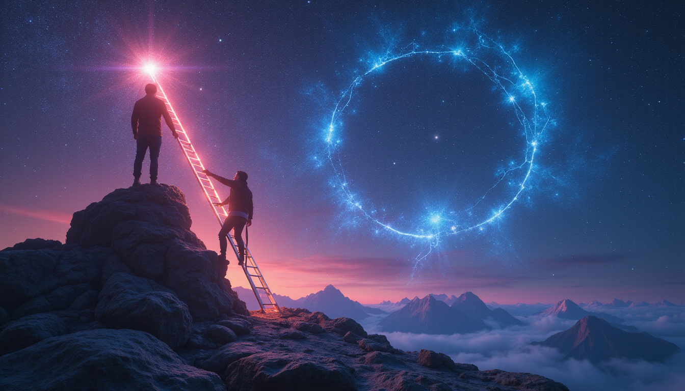 Constellation career ladder of zodiac glyphs ascending into a cosmic corporate skyline, neon aura