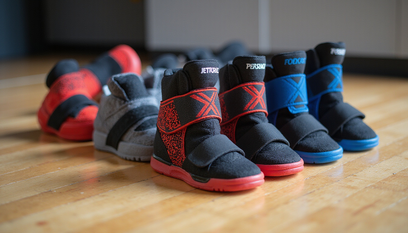  Stylish product lineup of top ankle braces on wooden court, labels, clean studio lighting
