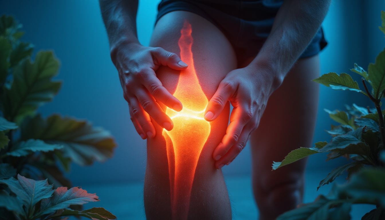  Close-up human knee silhouette, pain fading, botanical leaves and scientific molecules swirling