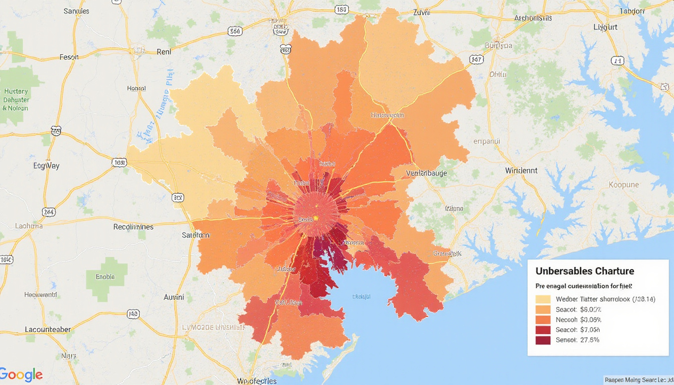 Cutaway neighborhood map showing price-per-sqft heatmap, undervalued house highlighted, modern infographic style
