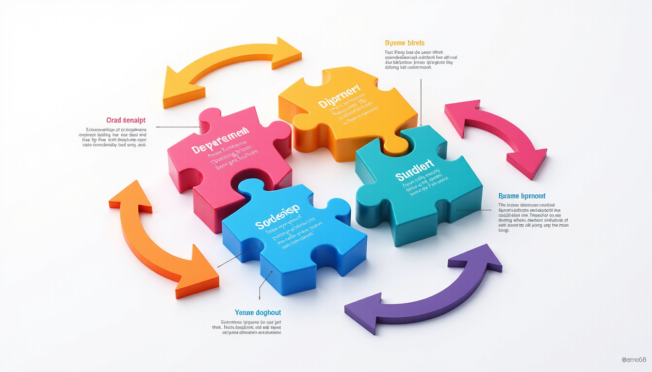 Isometric infographic of departments united, puzzle pieces locking, vibrant colors, arrows showing flow