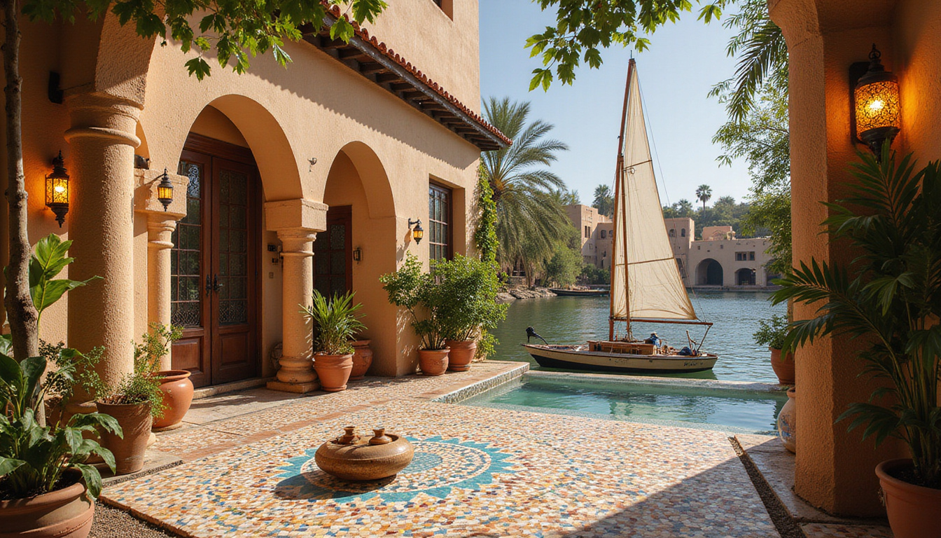  Nubian courtyard with mosaic tiles, lanterns, local tea service, felucca on river, tranquil