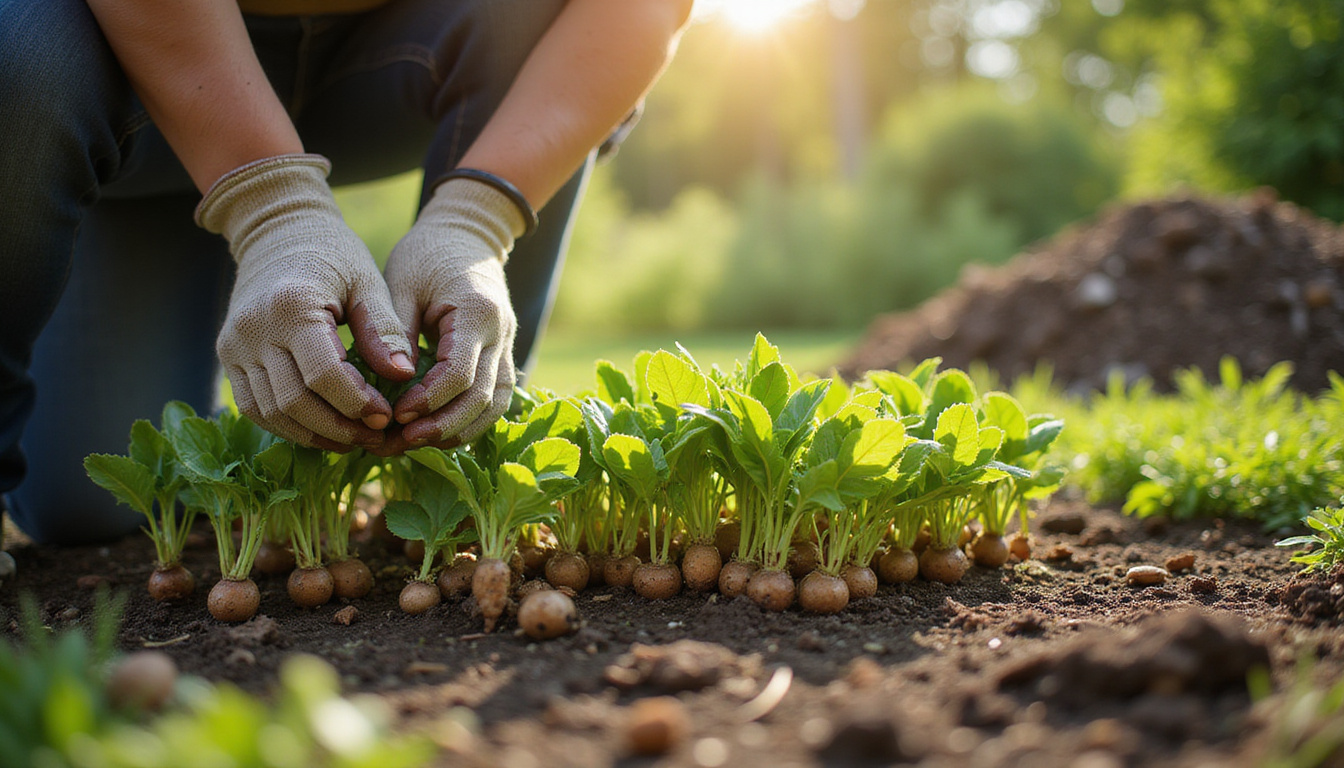  Gardener kneeling, gloved hands pulling oxalis tubers, sunlight, compost pile nearby
